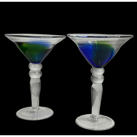 Hand Blown Blue Green Art Swirl Martini Bar  Modern Cocktail Glasses Stemware - Picture 7 of 8